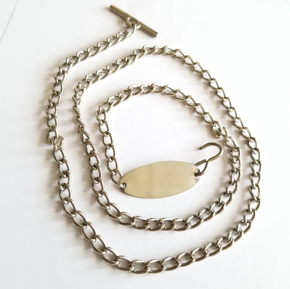 Long silver tone chain - belt or watch chain? Necklace? Engraveable plate